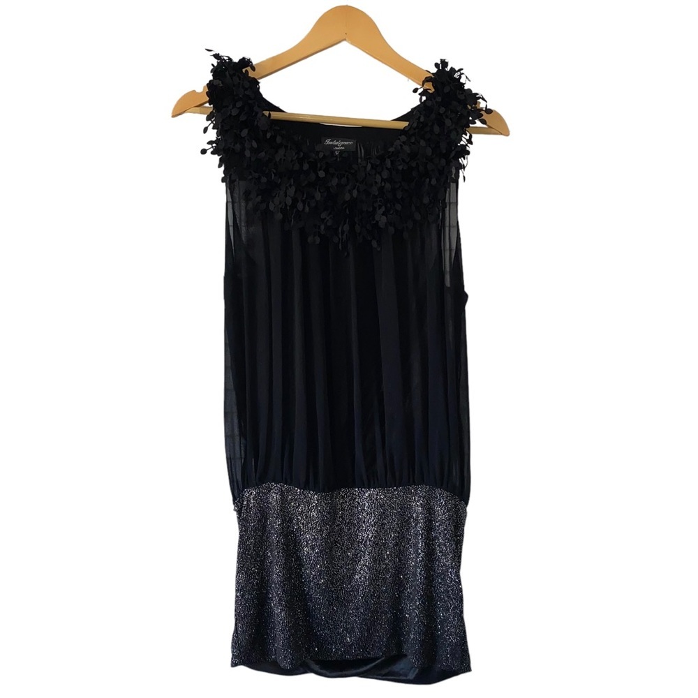 Indulgence London Black Mini Dress Semi Sheer Tunic Top Fringe Neckline Small